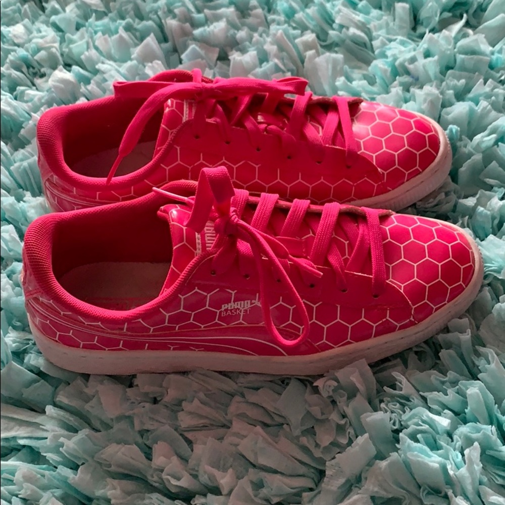 Puma pink and white patent sneakers